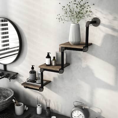 DH BASIC Industrial Reclaimed Oak Metal 3-Tier Wall Shelf by Denhour