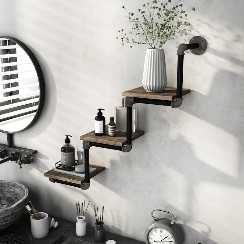 DH BASIC Industrial Reclaimed Oak Metal 3-Tier Wall Shelf by Denhour