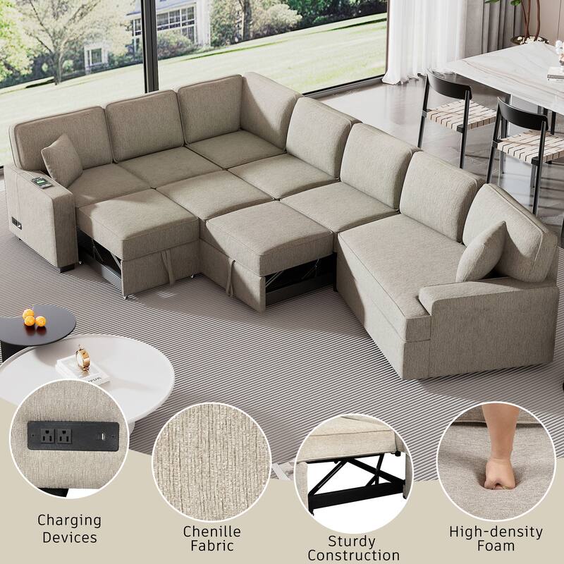 Modern 126" L-Shaped Sofa with Sleeper Bed, Cup Holders, and Power Outlets