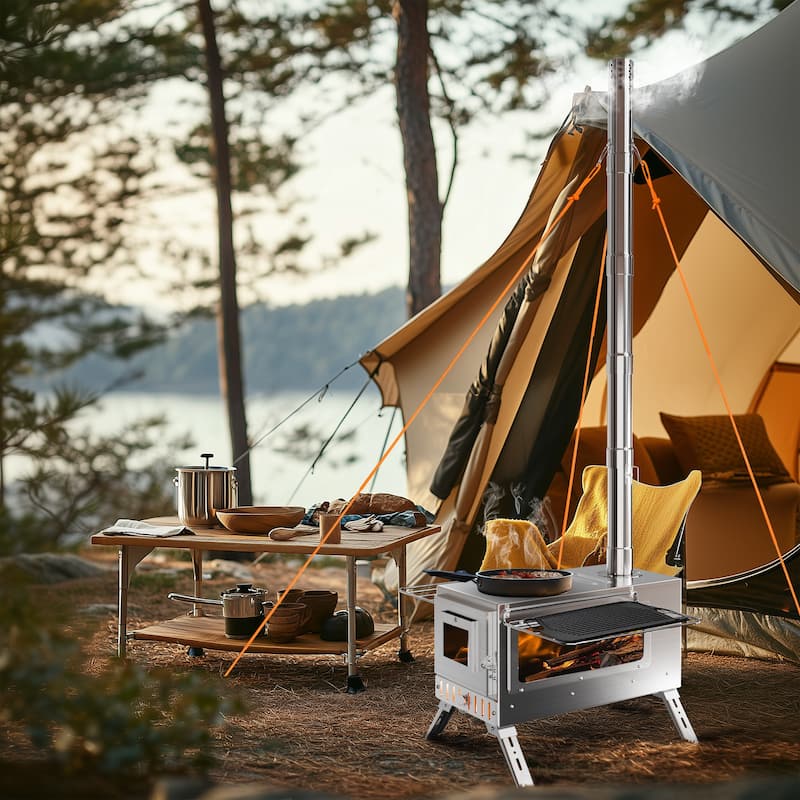 Large Camping Wood Stove, Portable Stainless Steel Hot Tent Stove with 7 chimney pipes