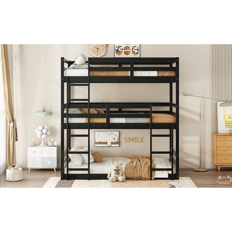 Roomfitters Triple Rubber Wood Bunk Bed, Detachable Twin over Twin over Twin with Ladders and Guardrails
