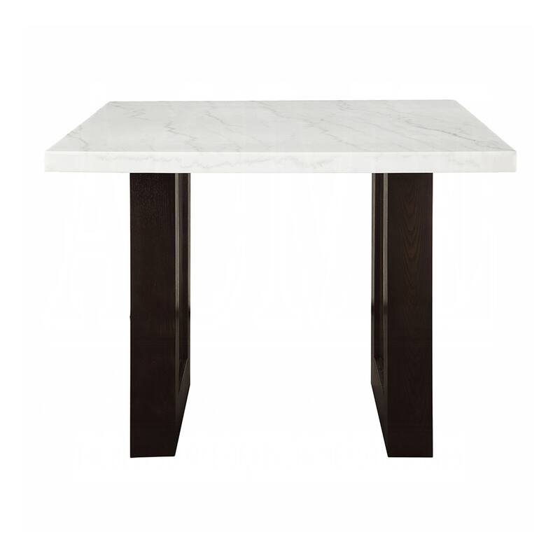 Square Natural Marble Counter Height Table with Double U-Shape Base in White and Espresso - White/Espresso