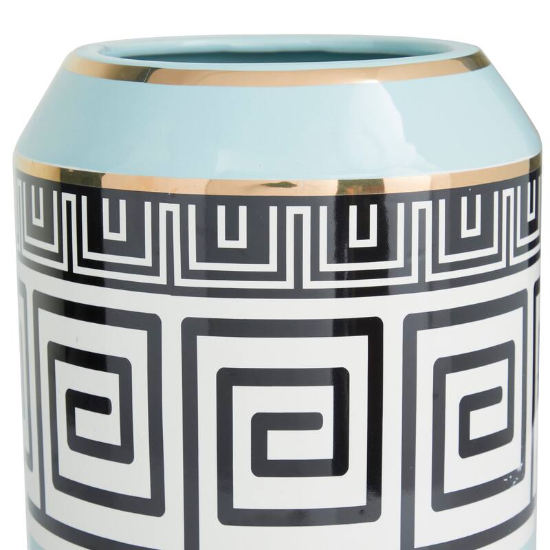 Teal Ceramic Vase Embellished with Greek Knot Pattern