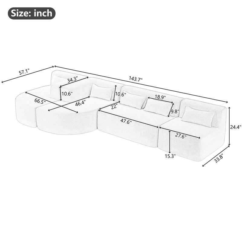 143.7" Polyester Upholstered Sectional Sofa, Two Chaise Lounges with Five Back Pillows