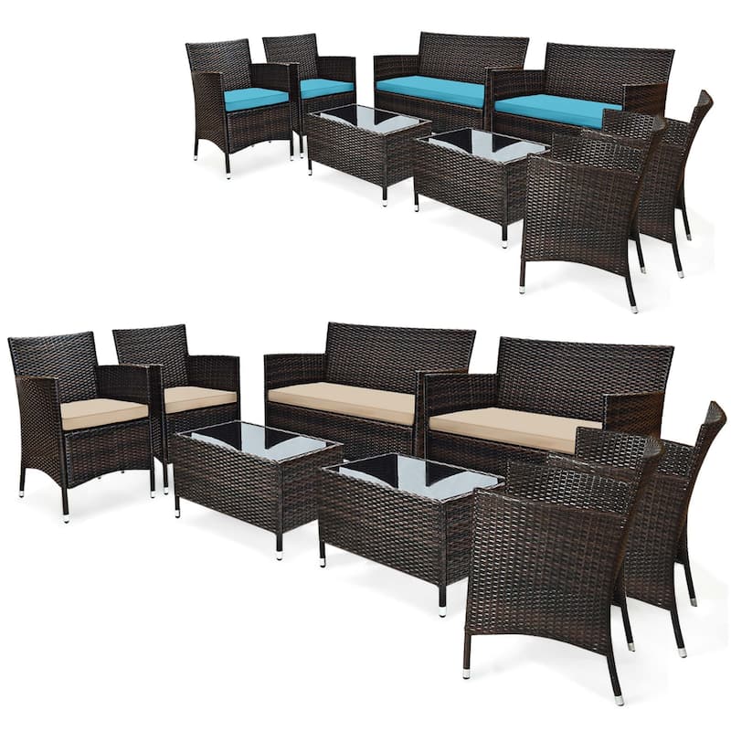 8PCS Patio Rattan Conversation Set Outdoor Furniture Set w/ End Table