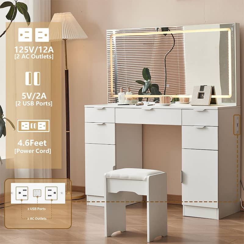 White Makeup Dressing Table with Adjustable Lighting LED Mirror and 5 Drawers for Bedroom - 15.8”D x 46.1"W x 56.1"H