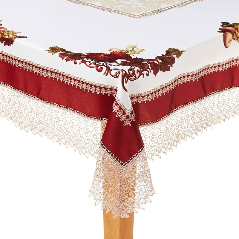 Violet Linen Fruttela Decorative Printed With Lace Trimming Pattern Tablecloth - 70" X 120" - Burgundy