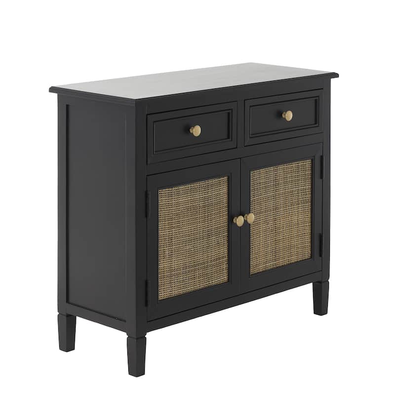 Wood Handmade 2 Door and 2 Drawer Cabinet with Rattan Front - Black - Roche River Decor
