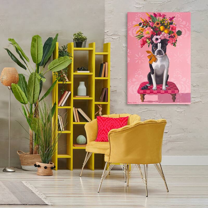 Stupell Bulldog & Pink Bouquet Canvas Wall Art Design By Heather Gauthier