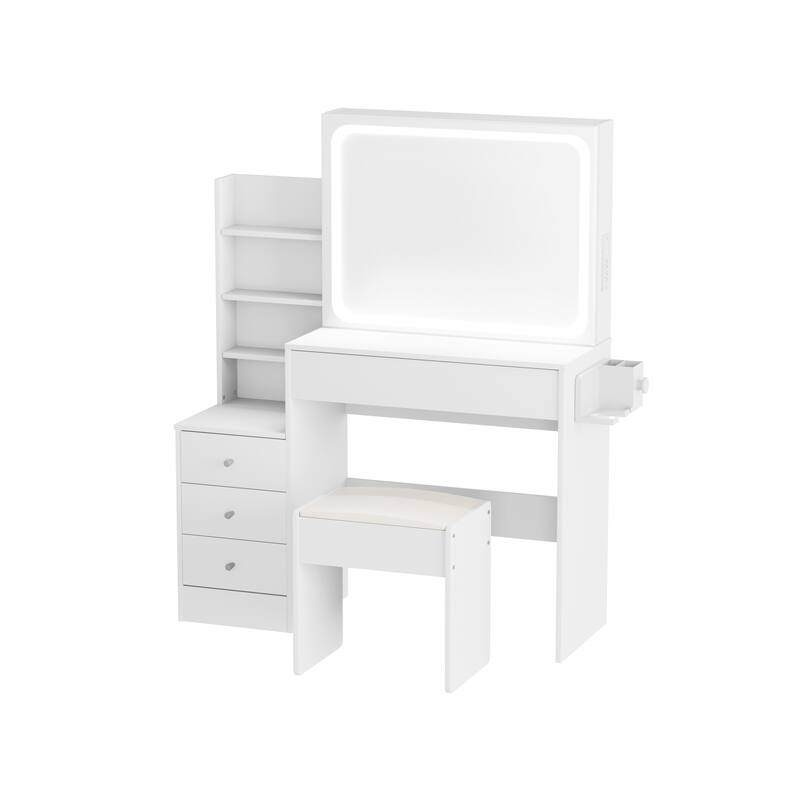 Vanity table with LED-lit mirror with power outlet and hairdryer shelving