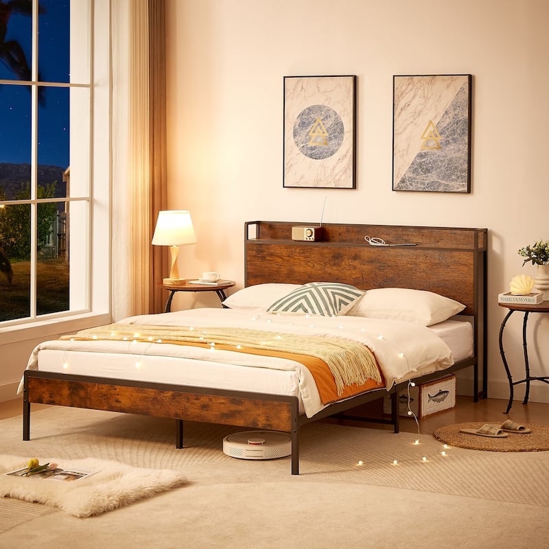 Queen Size Metal and Wood Charging Platform Bed