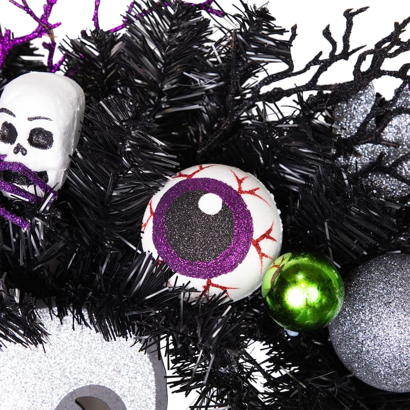 Purple and Black Spooky Skeleton Pine Halloween Wreath, 24-Inch, Unlit