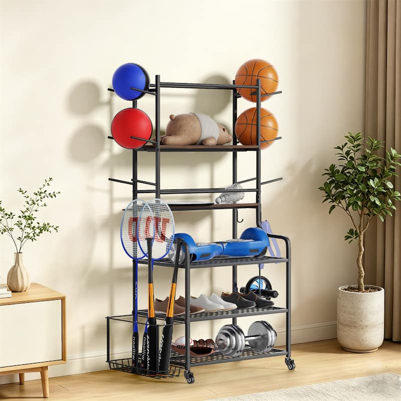 Freestanding Rolling Sports Equipment Organizer Home Gym Storage Rack with Wheels