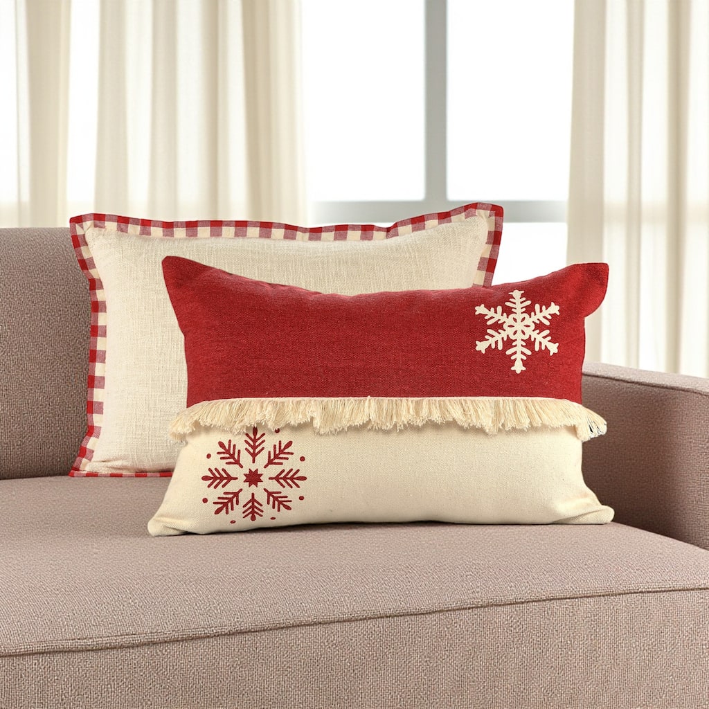Set of Two Ivory And Red Lumbar Christmas Cotton Throw Pillow Covers
