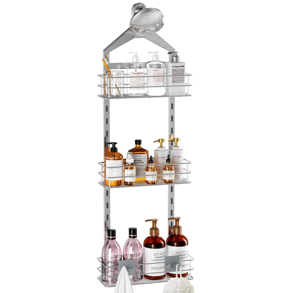 Adjustable Anti-slip Shower Caddy over Shower Head, Rustproof Bathroom Hanging Shower Organizer with 2 Hooks for Razor