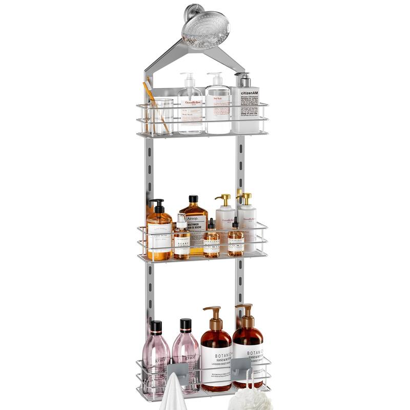 Adjustable Anti-slip Shower Caddy over Shower Head, Rustproof Bathroom Hanging Shower Organizer with 2 Hooks for Razor - Silver Grey