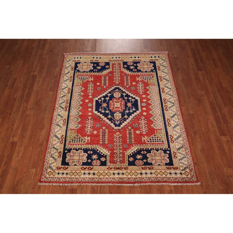 Vegetable Dye Geometric Heriz Oriental Rug Hand-Knotted Wool Carpet - 4'10" x 6'2"