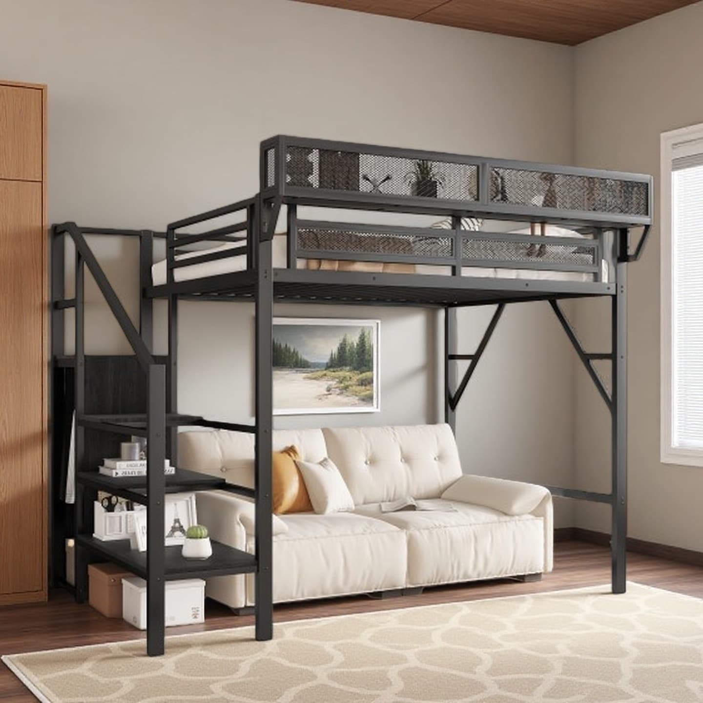 Twin Size Metal Loft Bed with Staircase, Built-In Storage Shelves and Wardrobe, High Space-Saving Design for Kids and Teens