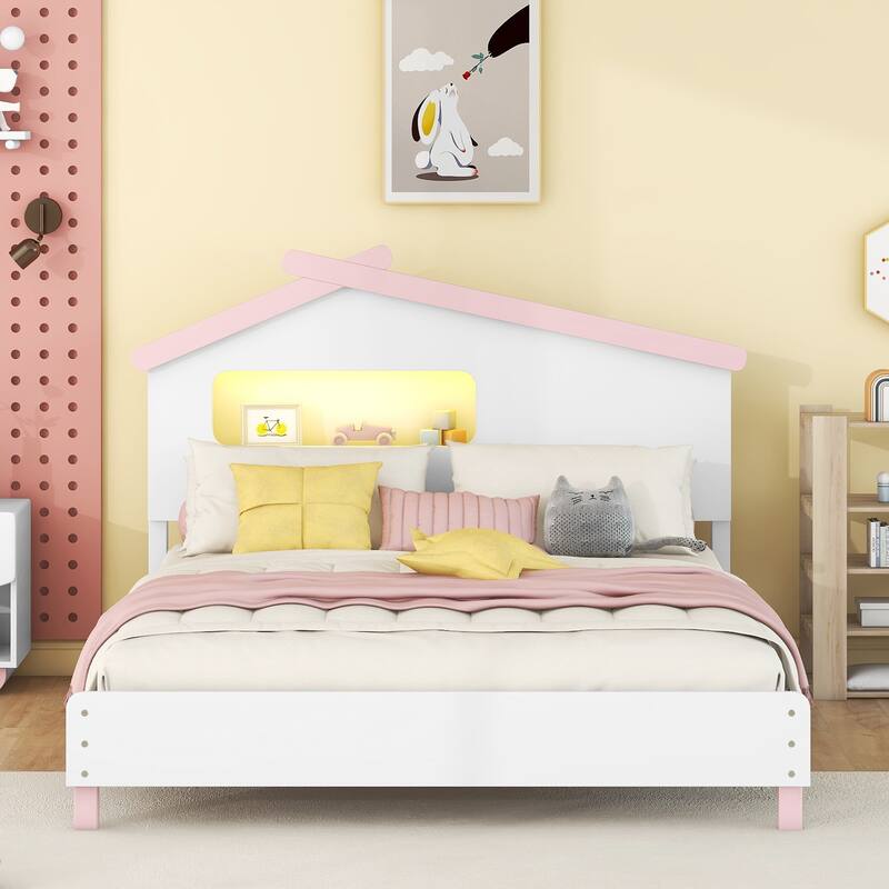 Full Size Wood Platform Bed with House-shaped Headboard and Motion Activated Night Lights - White+Pink