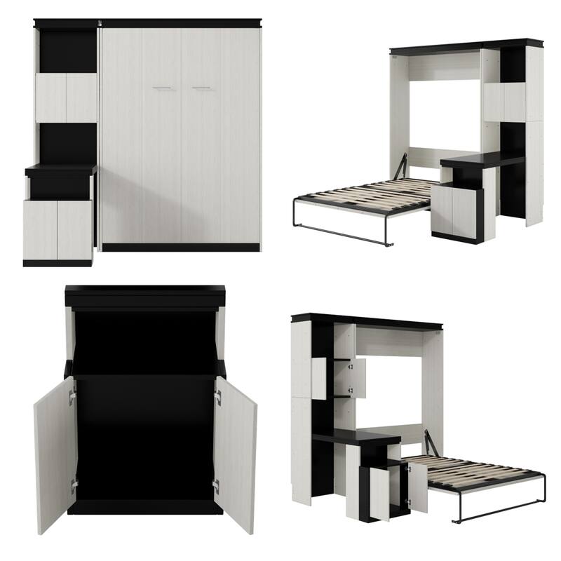 Full Size Wood Murphy Bed with Desk,Storage Shelves and Cabinets