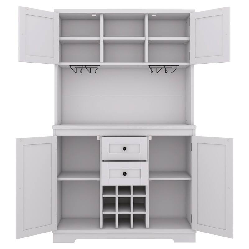 Farmhouse Home Bar Wine Storage Cabinet, Buffet Sideboard Kitchen Pantry with Adjustable Shelves, Drawers & Wine Glass Racks
