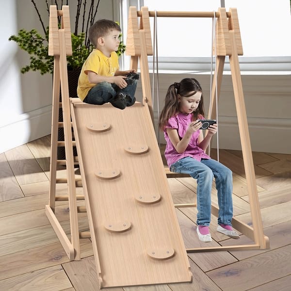 slide 2 of 5, 4-in-1 Foldable Playset Indoor Jungle Gym Playset w/Interchangeable Swing, Slide and Rock Wall Climber/Swing Seats
