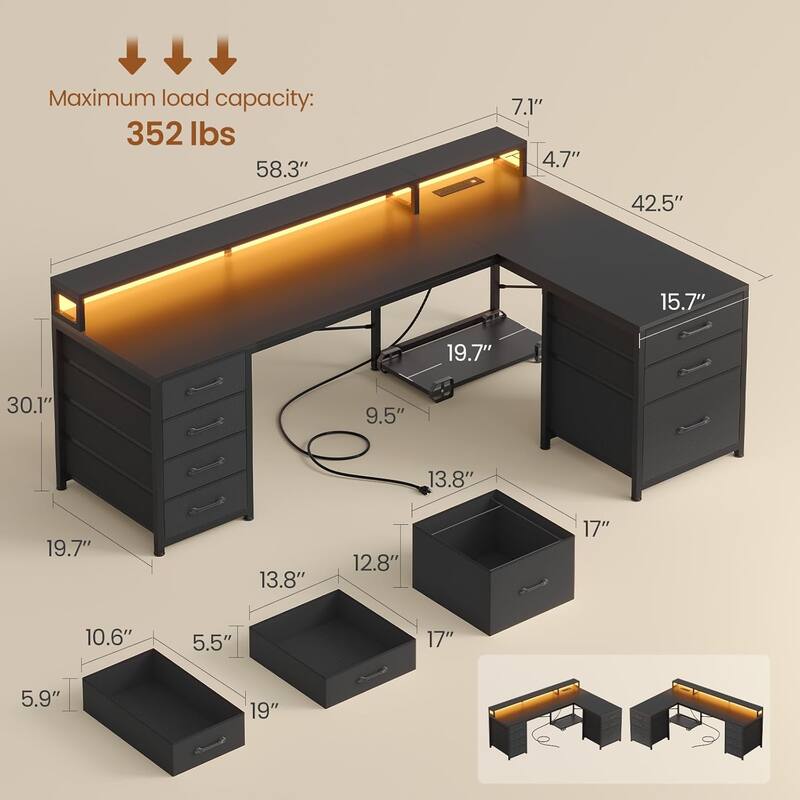 L Shaped Gaming Desk 58" Small Computer Desk 7 Drawers Small Space