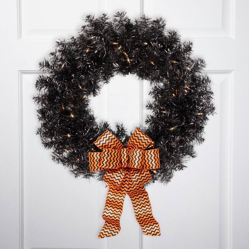 Pre-Lit Artificial Halloween Tinsel Wreath - 24" - Black - Clear Lights