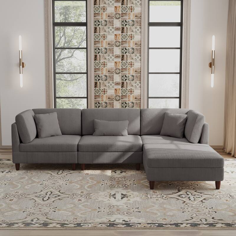 Corduroy Convertible Couch Modular Sectional Sofa with Ottoman