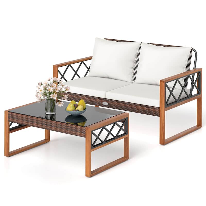Costway 2 Pieces Patio PE Wicker Furniture Set Outdoor Acacia Wood - See Details