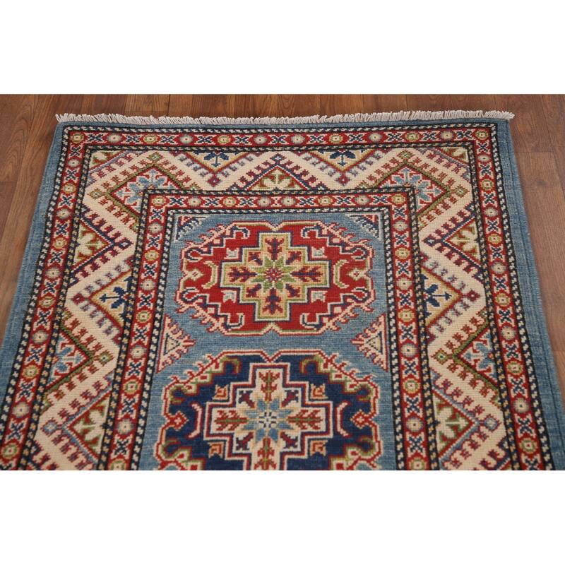 Blue Geometric Kazak Runner Rug Hand-Knotted Wool Carpet - 2'9" x 11'3"