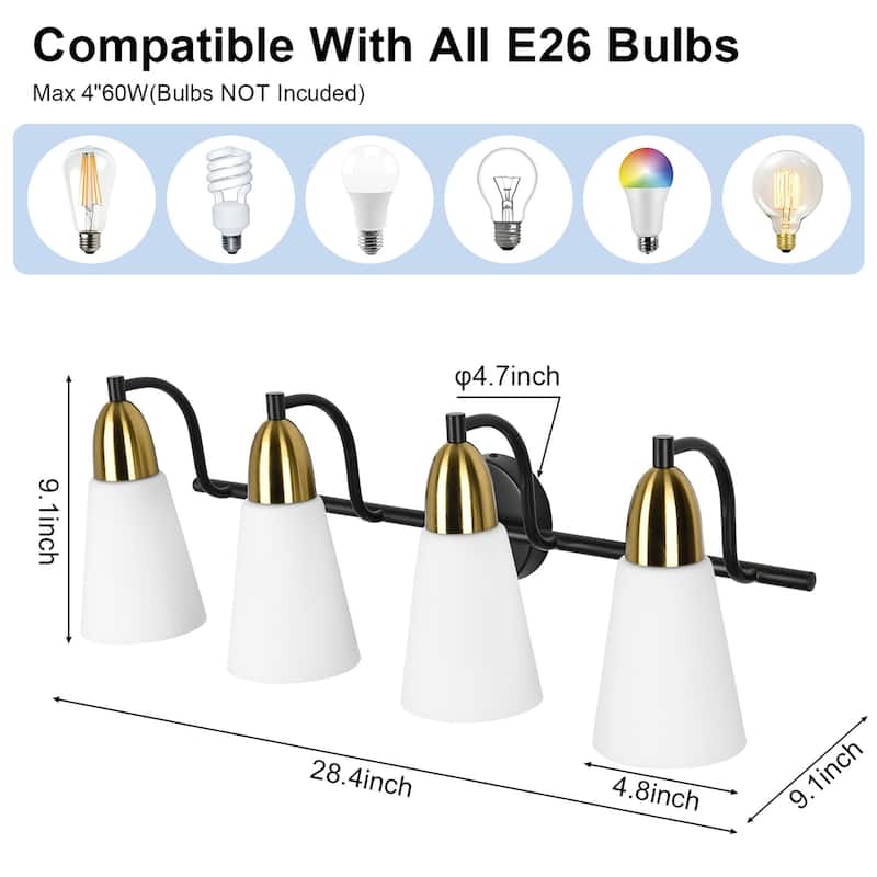 Modern Black Bathroom Vanity Light with Frosted Glass Shades & Gold Accent, Minimalist Wall Sconces