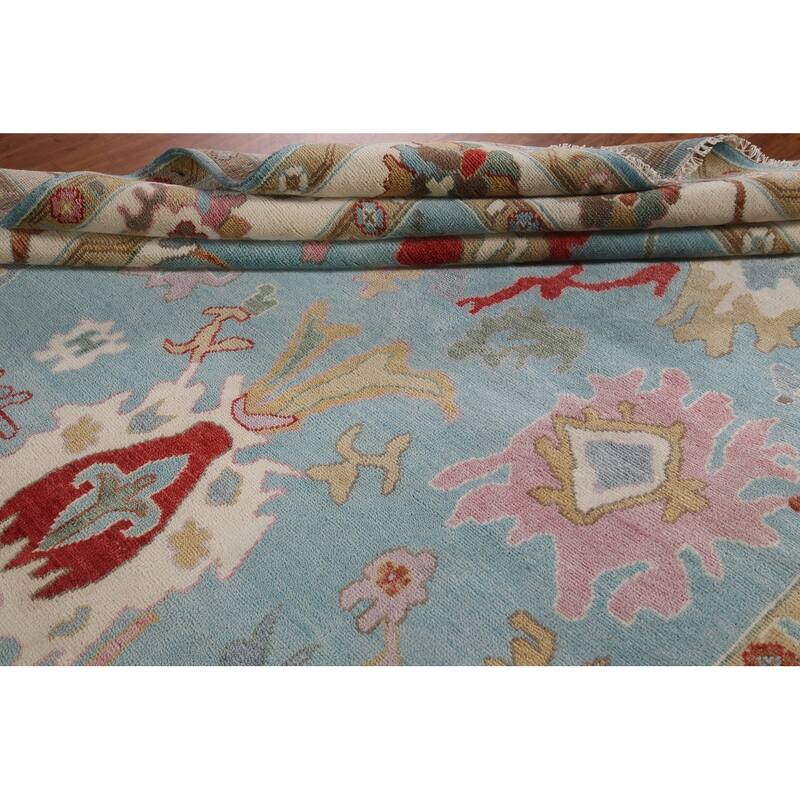 Light Blue Floral Oushak Rug Hand-Knotted Oriental Wool Carpet - 8'10"x 11'10"