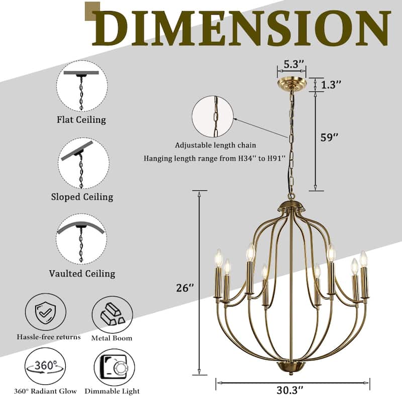 26'' 8-Light Modern Matt Black Classic Candelabra Chandelier Farmhouse Candle Pendant Light For Living Room Dining Room - W26''