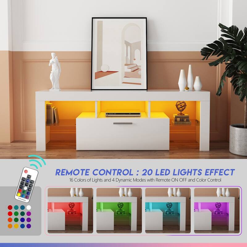 Modern 51-Inch TV Stand with 16-Color RGB LED Lights, Remote Control, and Storage Drawers for TVs up to 55 Inches.