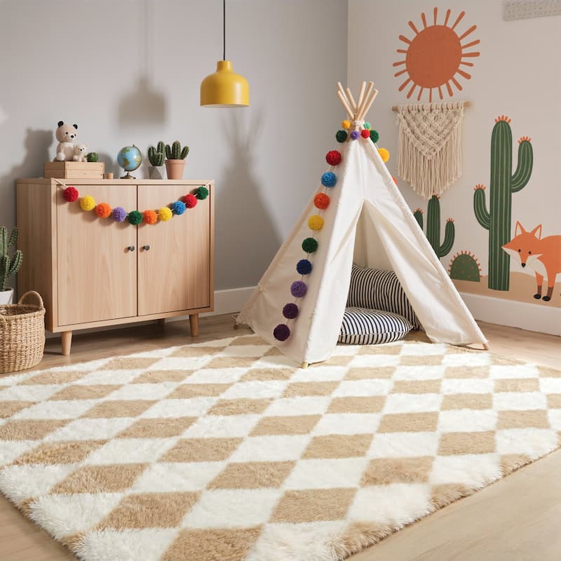 Mcow Diamond Check Collection High-Pile Machine-Washable Area Rug