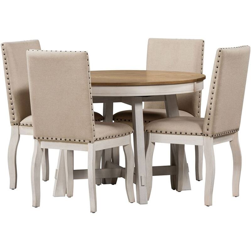 Wooden Round Drop Leaf Extendable Dining Table Set with 4 Upholstered Chairs