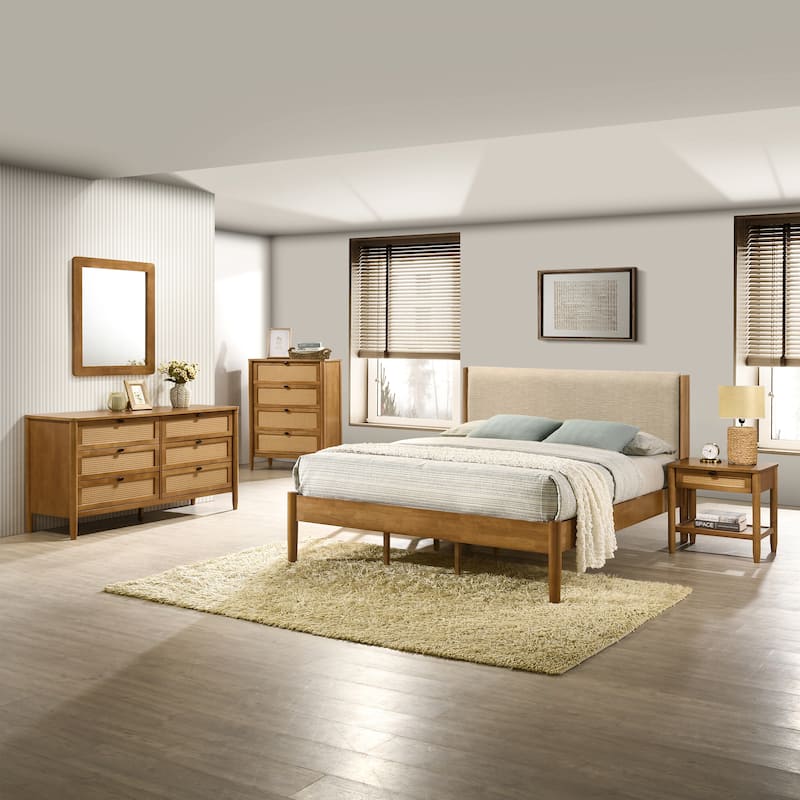 Roundhill Furniture Vichy 5-Piece Rattan Bedroom Set with Upholstered Bed, Dresser, Mirror, Nightstand, and Chest - Tan Textured Polyester - King