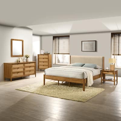 Roundhill Furniture Vichy 5-Piece Rattan Bedroom Set with Upholstered Bed, Dresser, Mirror, Nightstand, and Chest