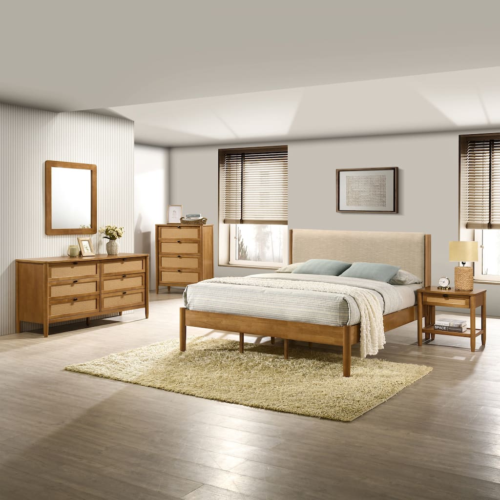 Roundhill Furniture Vichy 5-Piece Rattan Bedroom Set with Upholstered Bed, Dresser, Mirror, Nightstand, and Chest