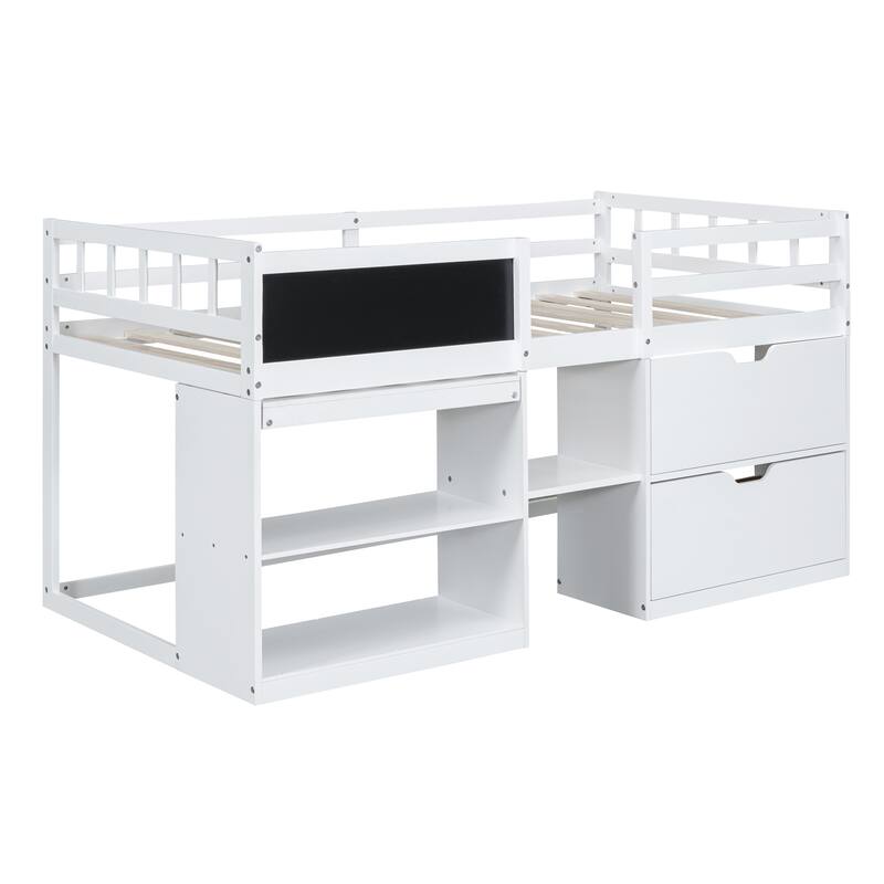 Twin Size Low Loft Bed with Rolling Desk, Shelves, and Drawers - Space Saving Design