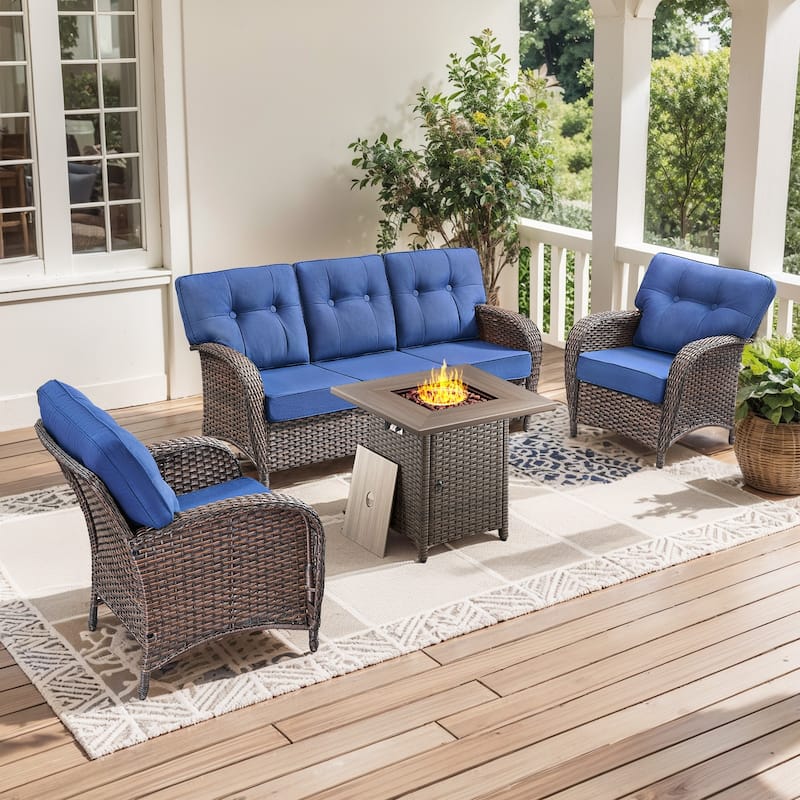 Pocassy Ooutdoor Fire Pit Table with Patio Funiture - 4 Pieces w/ Patio Chair - Brown Wicker & Blue cushion