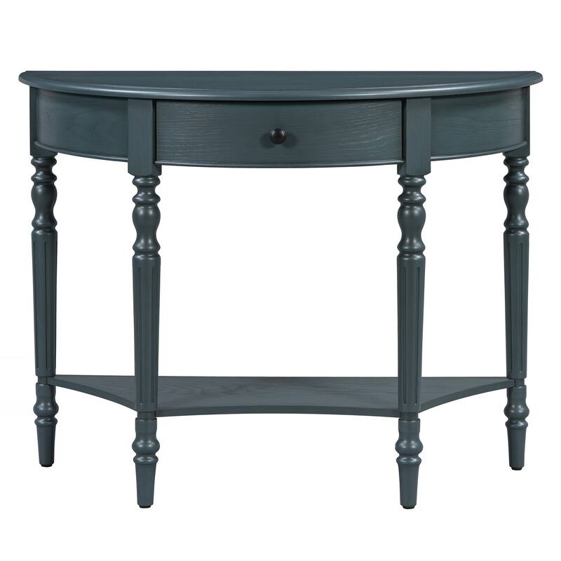 Farmhouse Half Moon Console Table with Drawer & Shelf - Rustic Accent Table