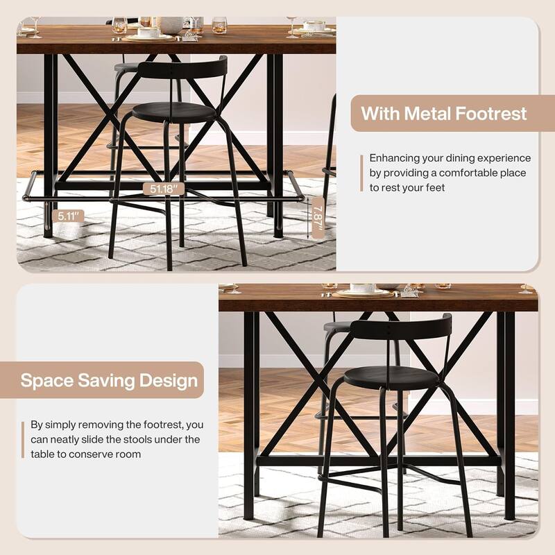 63" Counter Height Dining Table for 6, Industrial Rectangular Bar-Height Table with Sturdy Metal Frame and Footrest