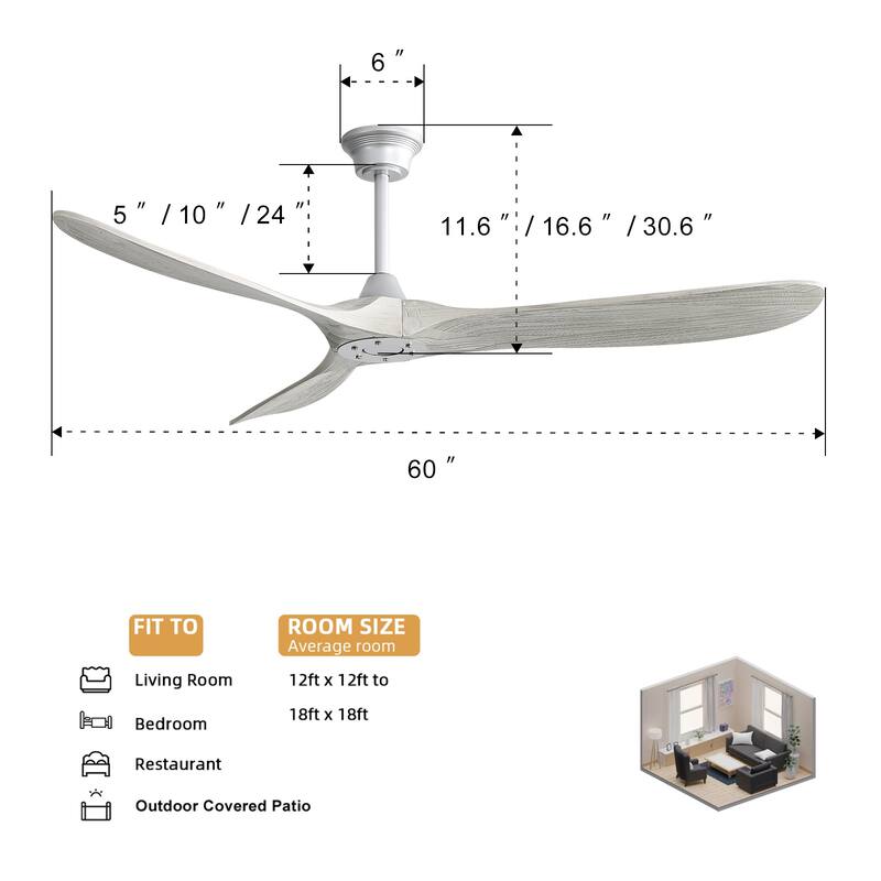 Sofucor 60 Inch Ceiling Fan No Light With Remote Control 3 Fan Blades Reversible DC Motor Timer Farmhouse