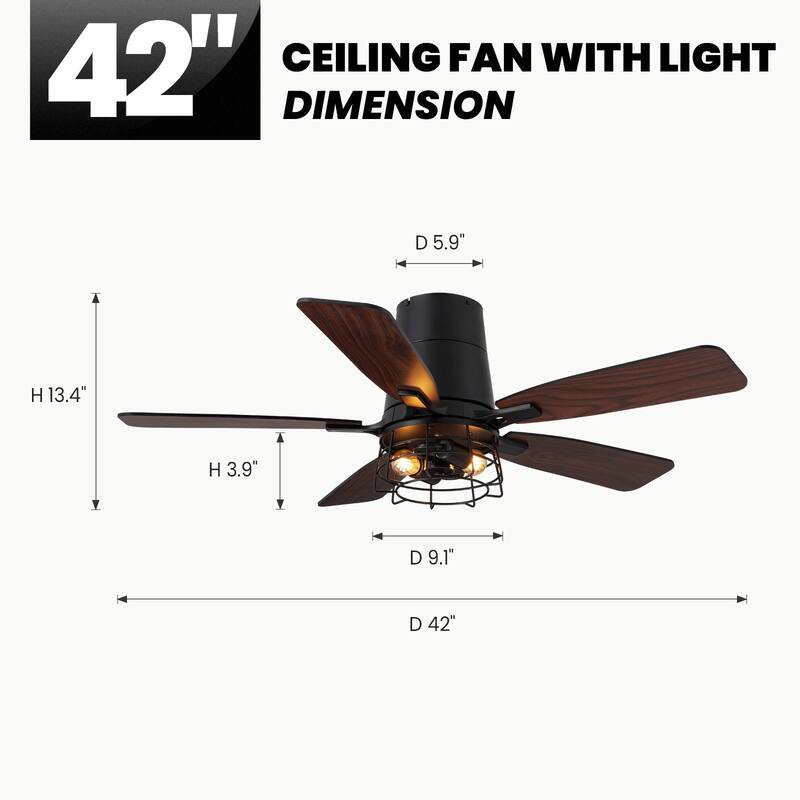 Modern Black Low Profile Small Caged Ceiling Fan with Light and Remote