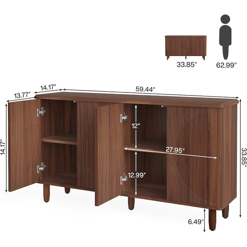 Modern Walnut Buffet Cabinet with Semicircle Doors and 4 Tier Storage for Living or Dining Room - 59.44" x 14.17" x 33.85"