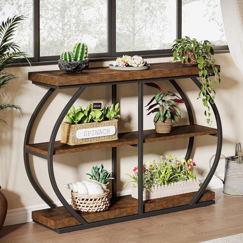 41.3 Inches Brown MDF Entryway Table, 3-Tier Industrial Console Table with Storage for Living Room