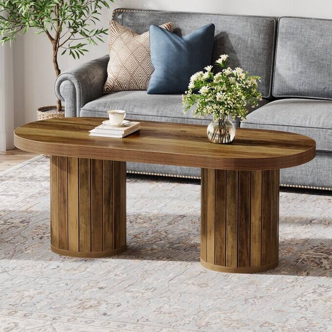 47" Wooden Oval Coffee Table With Slatted Cylindrical Legs