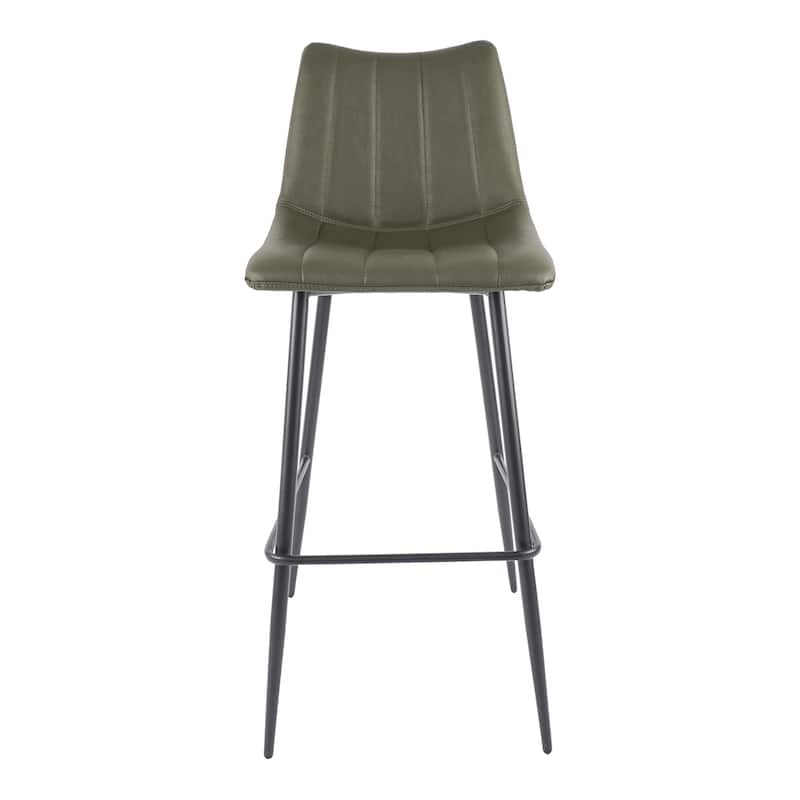 Set of 2 Contemporary Bar Stools with Vertical Stitch Detailing, Dark Green Vegan Leather Seats, Modern Design
